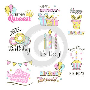 Happy Birthday Set- birthday badge. Greeting lettering with balloon, sweet, gift box. Birthday greeting card decoration design,