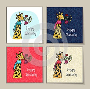 Happy birthday set of card with giraffe character and flowers.
