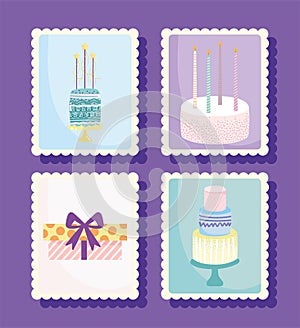 Happy birthday, set cards with cake gift candles cartoon celebration decoration