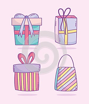 Happy birthday shopping bag and gift boxes surprise celebration party