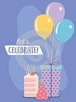 Happy birthday, slice cake party hat gift and balloons celebration decoration cartoon