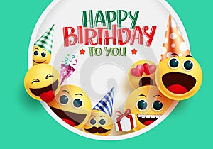 Happy birthday smiley emoji vector greeting design. Happy birthday to you greeting text with smileys emoji.