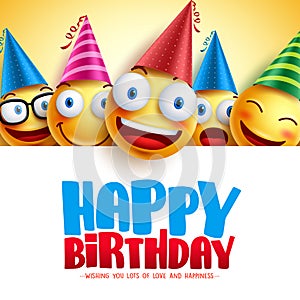 Happy birthday smileys vector background design with yellow funny and happy emoticons