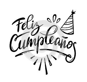 Happy birthday in Spain. Lettering in Spanish with splashes and curls. Vector illustration