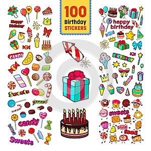 Happy Birthday Stickers Collection. Childish Party Decoration Set with Balloons, Gifts and Sweets