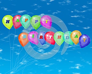 Happy birthday text with balloons agains a blue sky