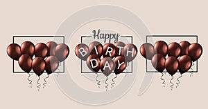 Happy Birthday text, greeting card design background with floating red glossy balloons.
