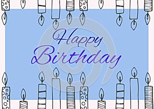 Happy birthday text over multiple burning candles against blue background