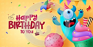 Happy birthday text vector background design. Birthday greeting with happy monster character