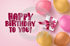 Happy birthday text vector banner in pink background. Greetings card with colorful balloons