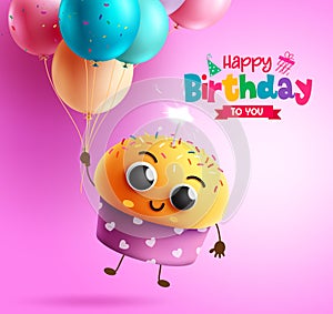 Happy birthday text vector design. Birthday cupcake character and party hat with colorful sprinkles