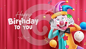 Happy birthday text vector design. Birthday greeting in red space with funny clown comedian character.