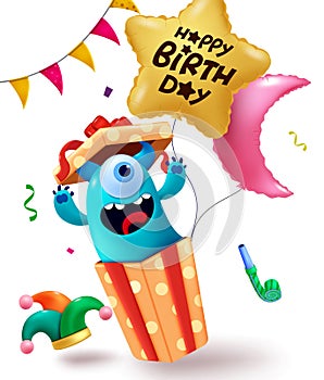 Happy birthday text vector design. Birthday monster character in open gift box for surprise elements.