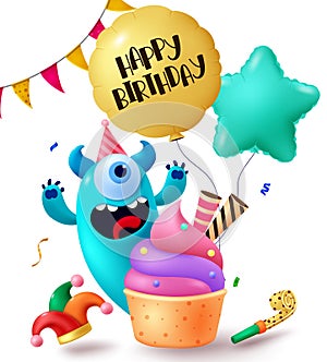 Happy birthday text vector design. Monster character with flying balloons element for birthday