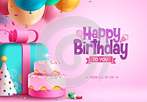 Happy birthday text vector design. Birthday typography with gift box, cake, balloons