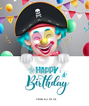 Happy birthday text vector template. Birthday greeting in empty white board with smiling clown