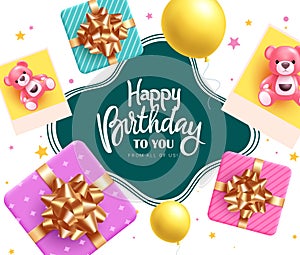 Happy birthday text vector template design. Birthday elements like gift box, teddy bear and balloons