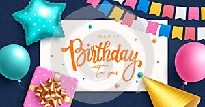 Happy birthday text vector template design. Birthday greeting in white board space with party objects