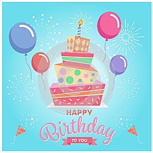 Happy birthday to you with Square cake , balloon and firework on blue sky background