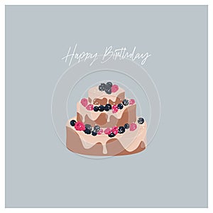 Happy birthday! Trendy minimalistic greeting card with vanilla cake with icing, decorated fresh berries