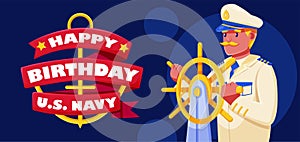 Happy Birthday U.S. Navy, Illustration of captain operating a ship