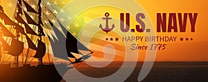 Happy Birthday United States Navy. USA flag. 3d illustration