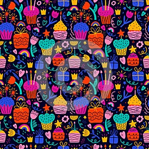 Happy birthday vector abstract seamless pattern. Colorful shapes and elements on black background. Bday cake, gift