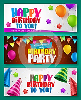 Happy birthday vector banner designs set with colorful elements