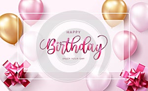 Happy birthday vector banner template. Happy birthday text in frame empty space with balloons and gifts element for cute birth day
