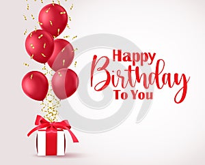 Happy Birthday vector banner template. Happy birthday text with red balloons and gift party elements in empty white space.