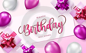 Happy birthday vector banner template. Happy birthday text in white board space with celebrating elements like balloons and gifts