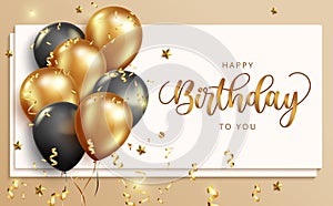 Happy birthday vector banner template. Happy birthday to you text in whiteboard space with balloons and confetti elements.