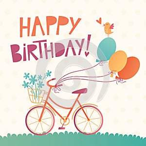 Happy Birthday vector card with a bicycle