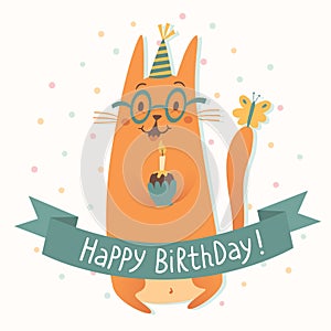 Happy Birthday vector card with a cat