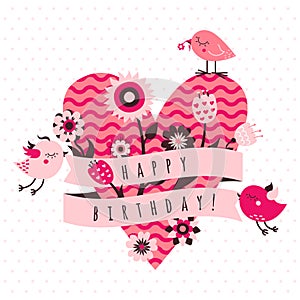 Happy birthday vector card in light and dark pink and brown colors with birds, flowers, ribbon and heart