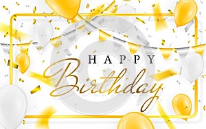 Happy birthday vector Celebration party banner Golden foil confetti and white and glitter gold balloons
