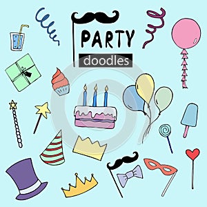 Happy Birthday vector doodles, party illustrations