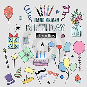 Happy Birthday vector doodles, party illustrations