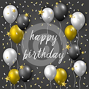 Happy birthday vector greeting card with golden, silver and black flying party balloons, confetti and stars on grey background