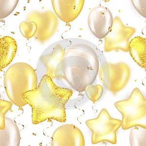 Happy birthday vector illustration - Golden foil confetti and black, white and glitter gold balloons.