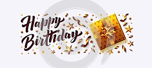 Happy Birthday vector illustration poster and cards with golden gift box, confetti, stars, streamers and Happy Birthday