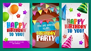 Happy birthday vector poster designs set with colorful elements