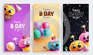 Happy birthday vector poster set design. Birthday greeting text with colorful cupcake characters