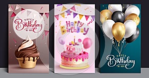 Happy birthday vector poster set design. Birthday invitation and greeting card with ice cream, cake, balloons