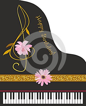 Happy birthday vertical greeting card with black grand piano, golden ribbon, treble clef in form of cosmos flower, pink daisy