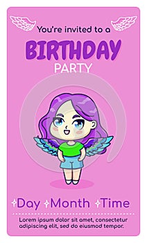 Happy birthday vertical invitation card with anime chibi girl.