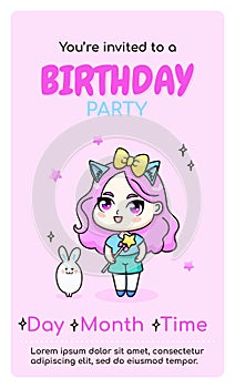 Happy birthday vertical invitation card with anime chibi girl.