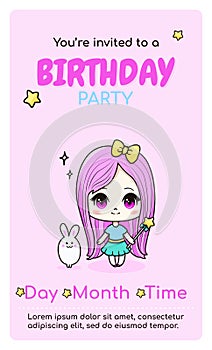 Happy birthday vertical invitation card with anime chibi girl.