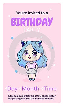 Happy birthday vertical invitation card with anime chibi girl.