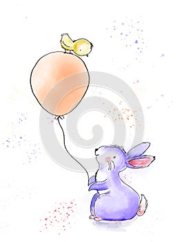 Happy Birthday watercolor and ink vintage illustration with cute bunny and chick with a big balloon